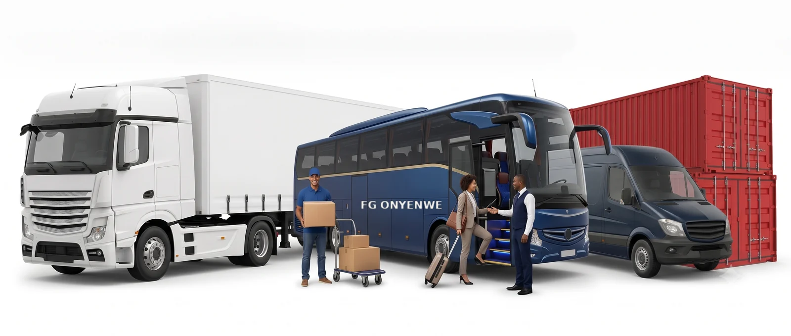 FG Onyenwe fleet: haulage truck, coach, van and container